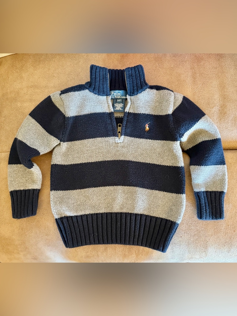 Ralph Lauren 3/4 Zip Striped Sweater Navy Gray 100% Cotton 2T Unisex Baby